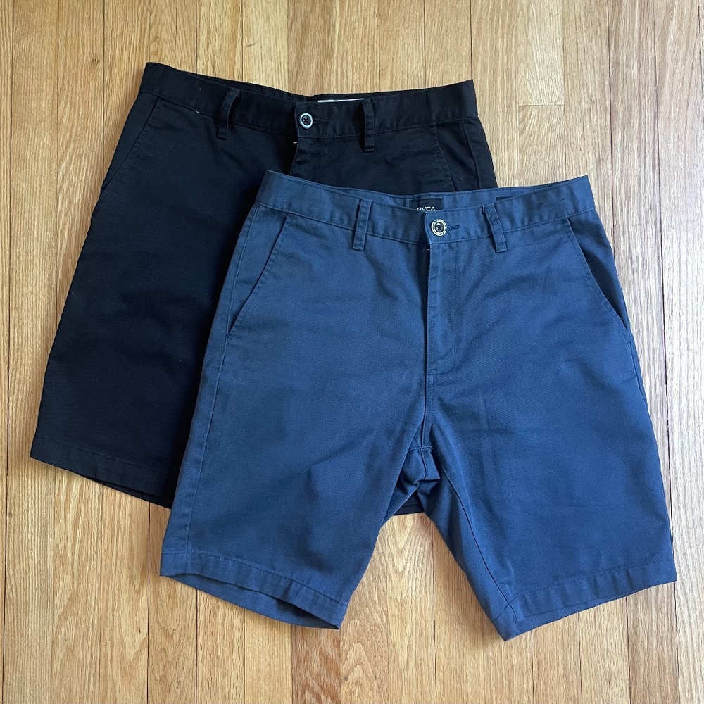 2 Pairs of Flat-Front RVCA Chino Shorts - Navy Blue & Black - Size 32